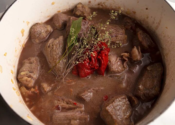 boeuf bourguignon a la tammy, Wine and broth added along with the tomato paste and herbs
