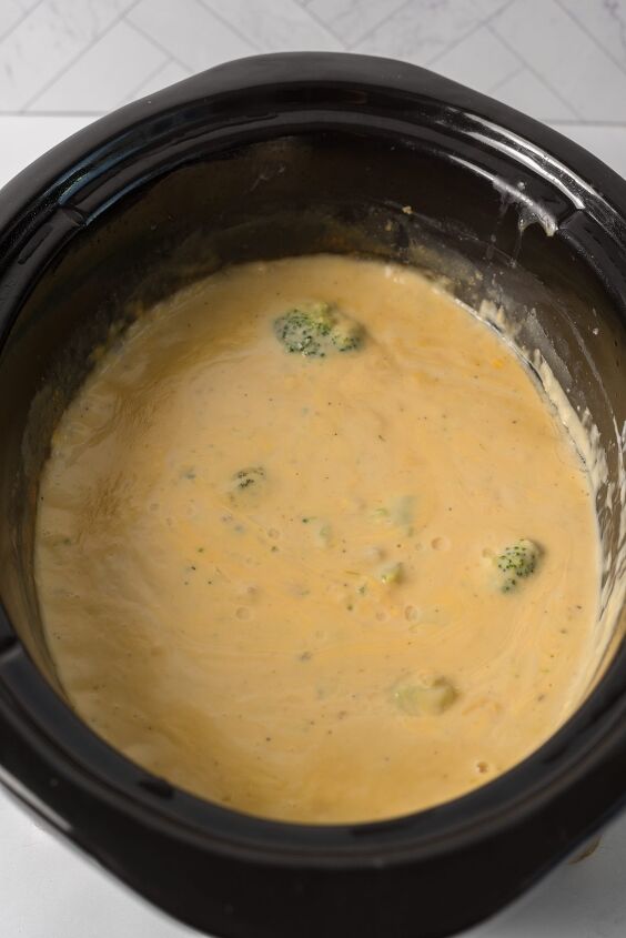slow cooker broccoli cheese soup with velveeta, mix all ingredients on a low flame