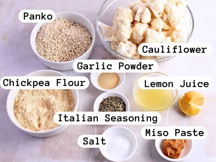 crispy air fryer vegan cauliflower parmesan bites, The ingredients for cauliflower parmesan bites with labels