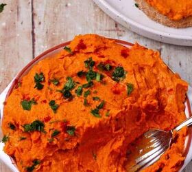 creamy vegan caramelized onion dip no added oil, A bowl of creamy sweet potato dip topped with chopped parsley