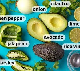 avocado guasacaca recipe venezuelan wasakaka, The ingredients for avocado guasacaca sauce with labels