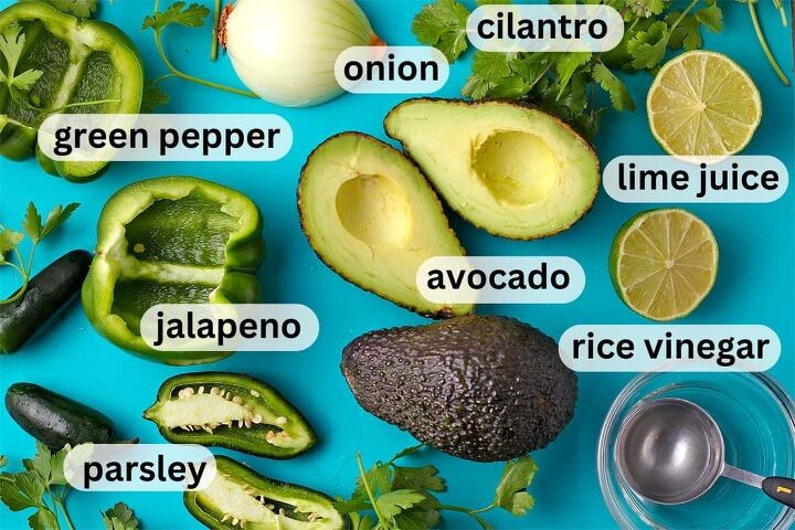 avocado guasacaca recipe venezuelan wasakaka, The ingredients for avocado guasacaca sauce with labels