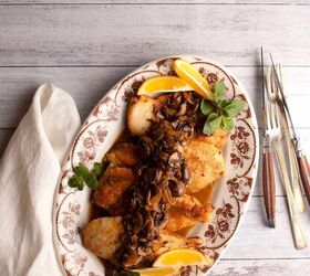 classic chicken marsala, Classic Chicken Marsala on a vintage platter with lemon and oregano