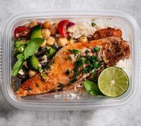 oven baked snapper with key lime butter sauce, Snapper with rice and vegetables in a container