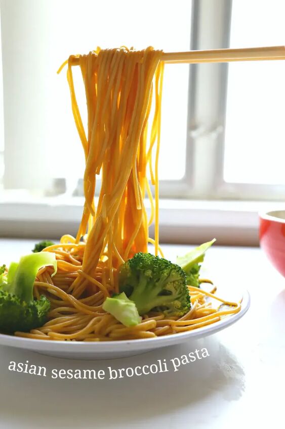 asian sesame pasta with steamed broccoli