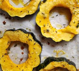 acorn squash egg in a hole with hot honey and thyme, Four cooked acorn squash rings
