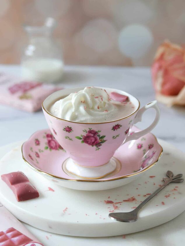 ruby hot chocolate, Ruby hot chocolate in a pink mug with whipped cream on top
