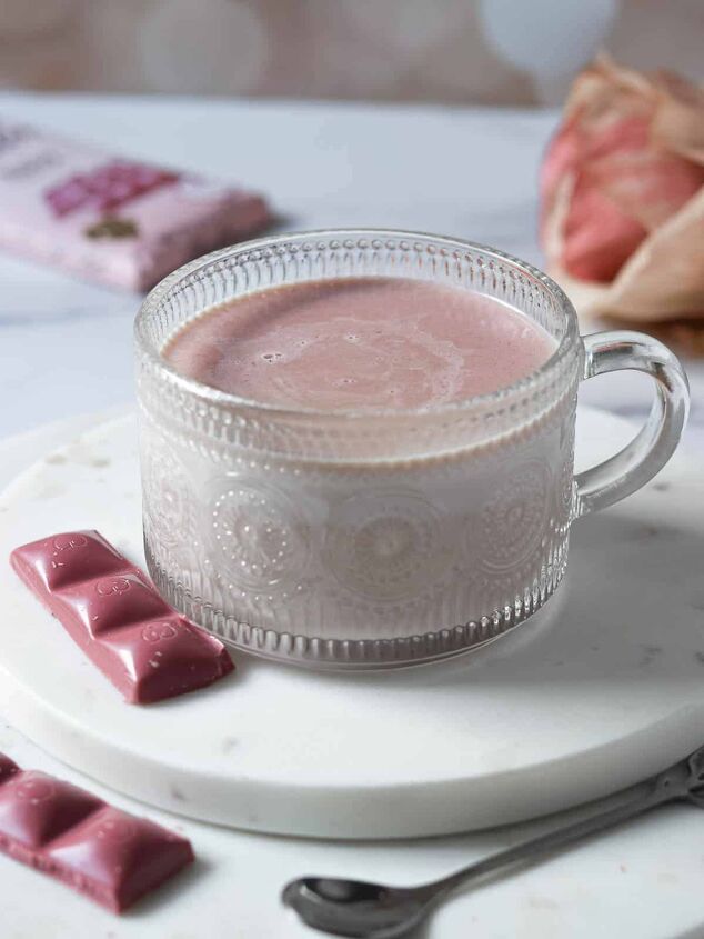 ruby hot chocolate, Ruby hot chocolate poured into a clear etched mug