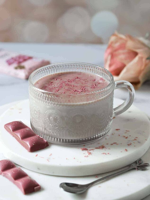 ruby hot chocolate, Ruby hot chocolate in a clear mug on a white surface