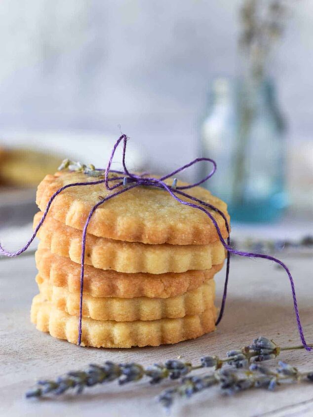 lemon lavender shortbread cookies, Lemon lavender shortbread cookies stacked and tied with a purple ribbon