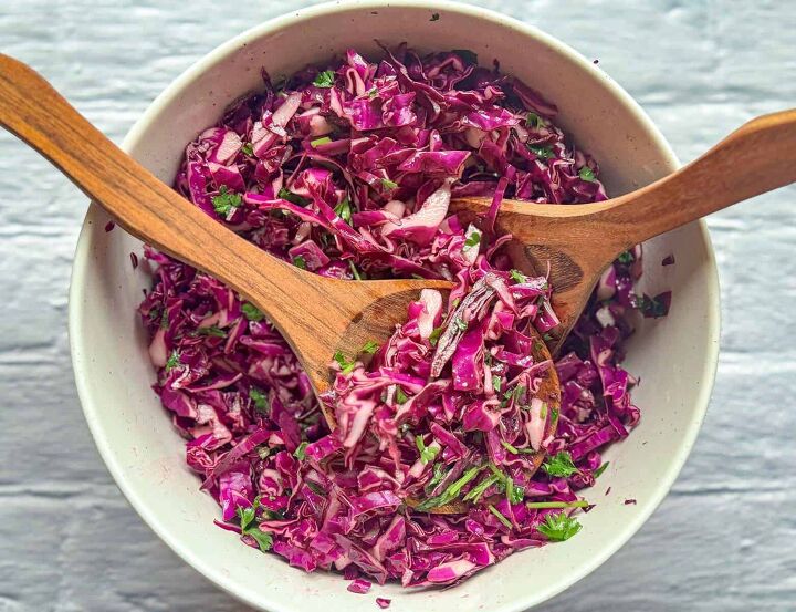 fresh easy turkish red cabbage salad recipe, overhead shot of turkish red cabbage salad