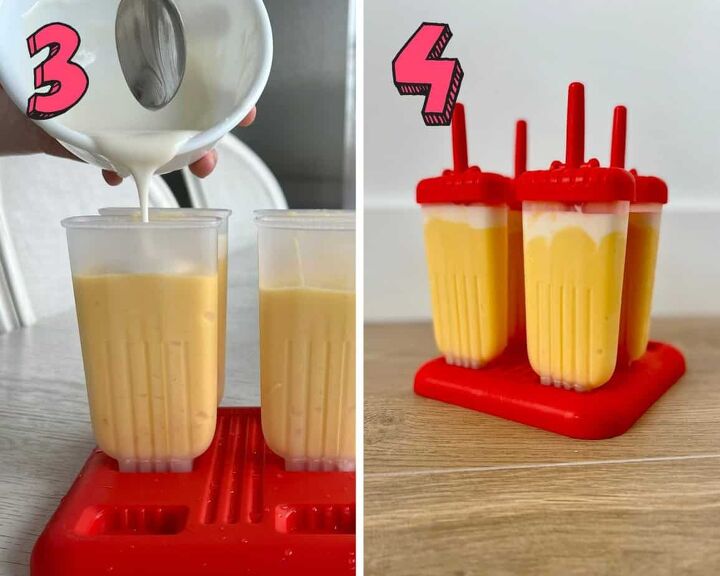vegan gluten free mango popsicles, step by step process photos how to make mango popsicles pour the cream into the popsicle molds and put the tops on the molds and put them in the freezer
