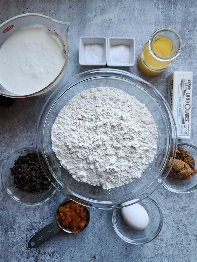 irish soda bread with currants and apricots, Overhead view of the ingredients for Irish soda bread