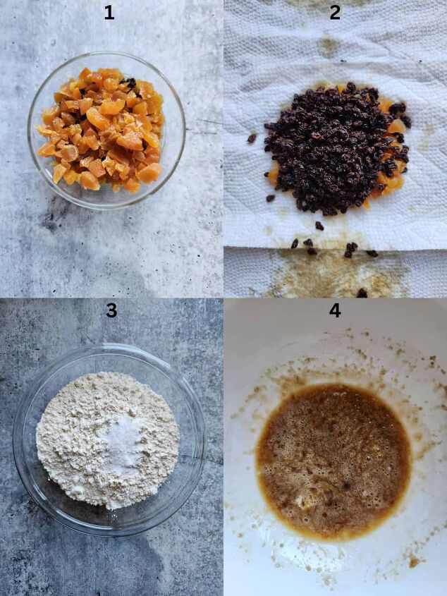 irish soda bread with currants and apricots, Collage of 4 pictures showing preparation steps for preparing Irish soda bread batter