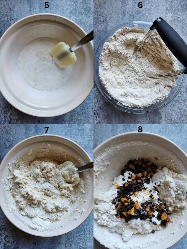 irish soda bread with currants and apricots, Collage of 4 pictures showing preparation steps for preparing Irish soda bread batter