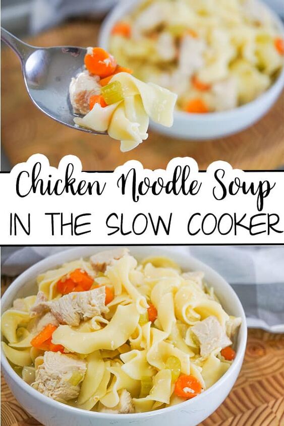slow cooker chicken noodle soup, a collage of Slow Cooker Chicken Noodle Soup in a white bowl with a spoon in it on a brown table next to a gray and white checkered cloth with title text reading Chicken Noodle Soup In The Slow Cooker