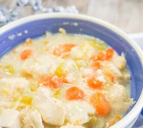 slow cooker chicken and dumplings, Slow Cooker Chicken and Dumplings in a white and blue bowl next to a white and blue checkered cloth