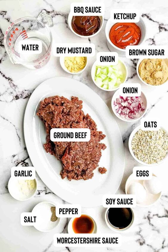 meatloaf recipe with bbq sauce and brown sugar, Ingredients for classic meatloaf measured out and placed on a white table