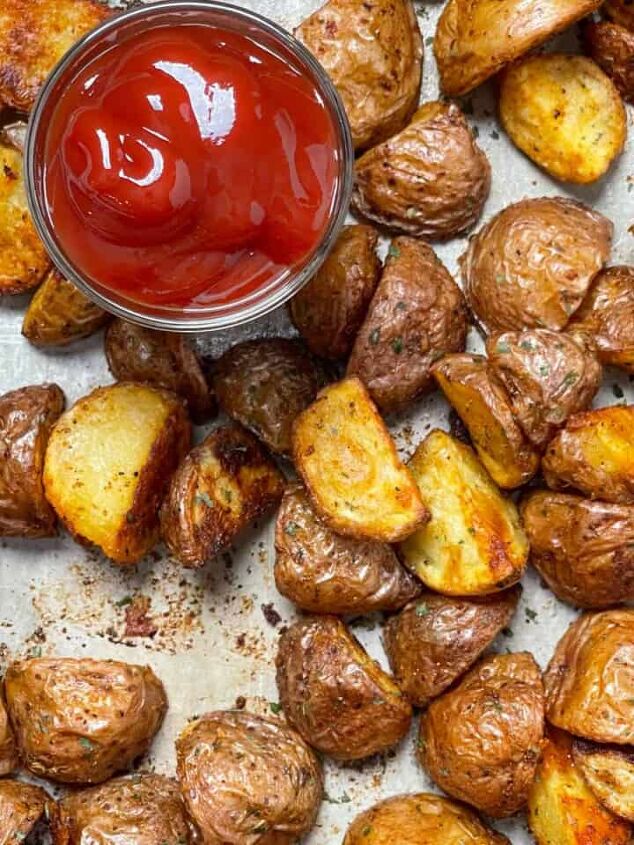 easy twice baked mashed potato recipe, Baby red potatoes oven roasted until crispy with seasonings and served with a side of ketchup
