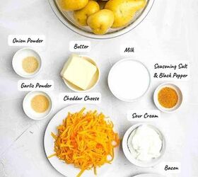 easy twice baked mashed potato recipe, The ingredients for the twice baked mashed potato casserole on a white table