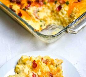 easy twice baked mashed potato recipe, A closeup of the casserole on a white plate