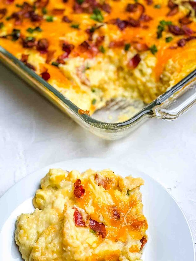 easy twice baked mashed potato recipe, A closeup of the casserole on a white plate