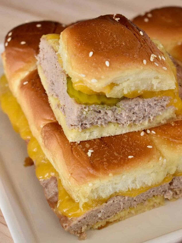 turkey burger sliders on hawaiian rolls easy recipe, Turkey Burger Sliders on a white serving tray stacked on each other