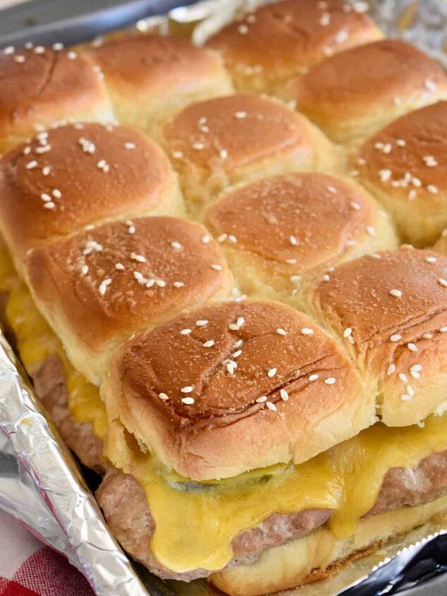 turkey burger sliders on hawaiian rolls easy recipe, Turkey Burger Sliders in a baking pan with cheddar cheese