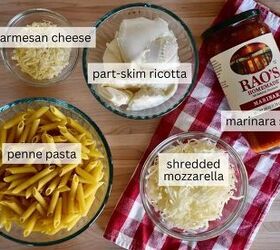 baked penne with ricotta easy 5 ingredient recipe, Ingredients for recipe include pasta marinara sauce parmesan and mozzarella