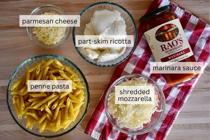 baked penne with ricotta easy 5 ingredient recipe, Ingredients for recipe include pasta marinara sauce parmesan and mozzarella