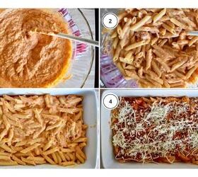 baked penne with ricotta easy 5 ingredient recipe, Process shots showing how to make recipe including mixing together the ingredients and add in cooked pasta and bake with mozzarella on top