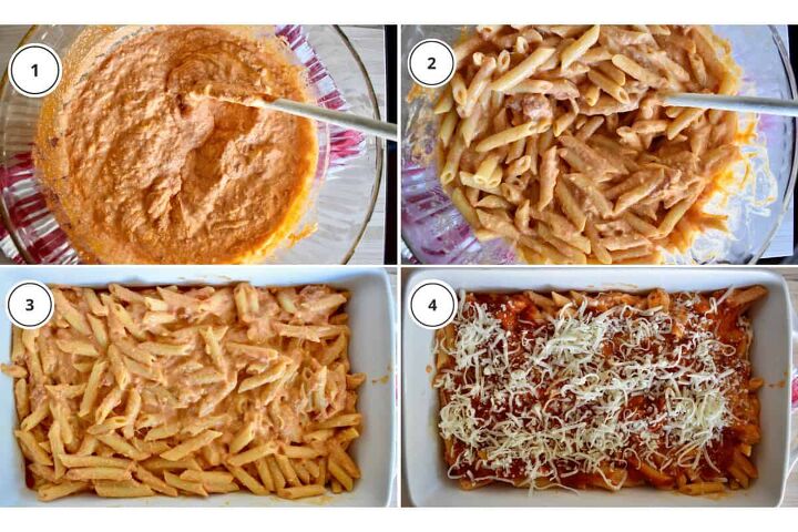 baked penne with ricotta easy 5 ingredient recipe, Process shots showing how to make recipe including mixing together the ingredients and add in cooked pasta and bake with mozzarella on top