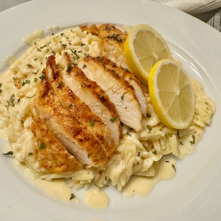 lemon chicken with orzo pasta 30 minute stovetop recipe, Overhead image of Lemon Chicken With Orzo on a white plate