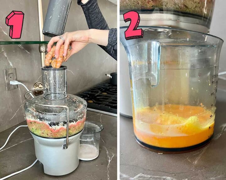 lemon ginger turmeric shot, process shots showing how to make a lemon ginger turmeric shot in a juicer