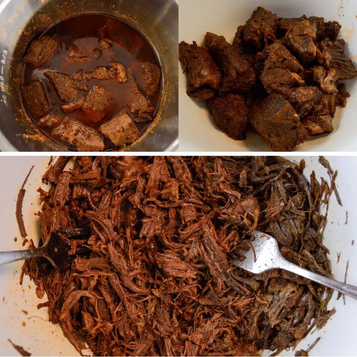 easy instant pot shredded beef multi purpose, Chuck Roast After Pressure Cooking in Instant Pot and Shredded with forks