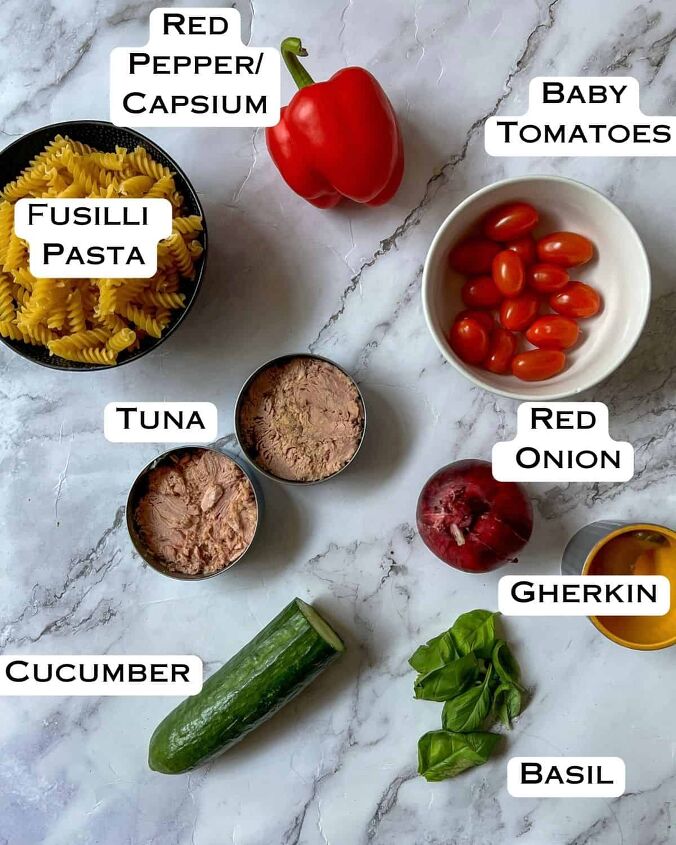 healthy tuna pasta salad no mayo, Ingredients laid out for tuna pasta salad