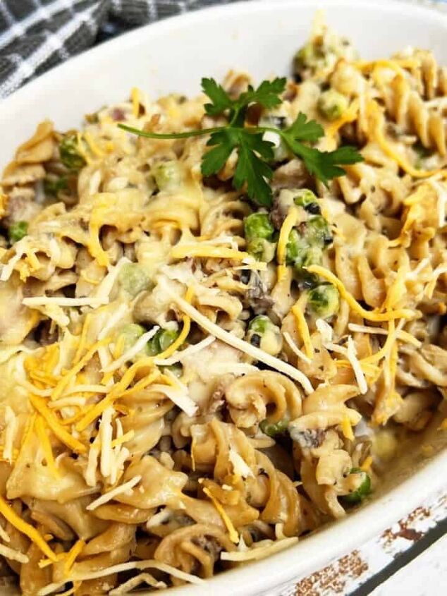 healthy tuna pasta salad no mayo, bacon and mushroom pasta bake in a baking dish
