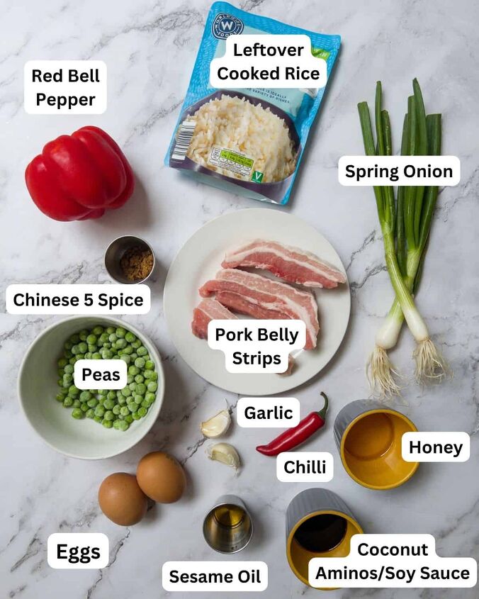 pork belly fried rice, Ingredients laid out for pork belly fried rice