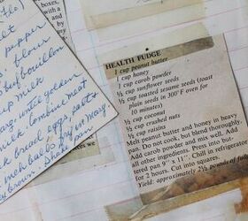 mom s health fudge, a page of a recipe book with a printed recipe taped in it
