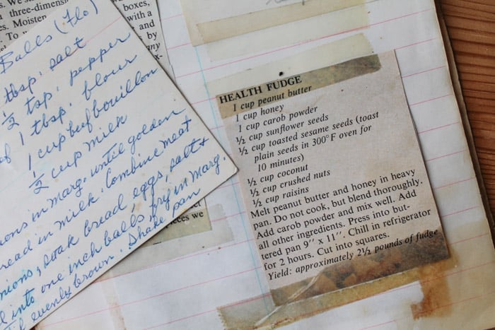 mom s health fudge, a page of a recipe book with a printed recipe taped in it