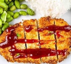 air fryer whole roast chicken with lemon and garlic, Golden crispy Chicken Katsu served on a white plate with a side of steamed white rice and green edamame garnished with a lemon wedge and drizzled with tonkatsu sauce