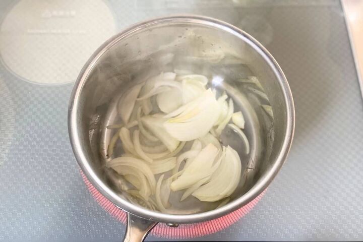 creamy japanese sweet potato soup vegan, Cook sliced onion in a saucepan