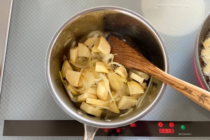creamy japanese sweet potato soup vegan, Cook sliced onion and chopped sweet potatoes in a saucepan