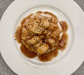 bourbon chicken recipe better than take out bourbon chicken, Overhead image of Bourbon Chicken recipe on a white plate with rice