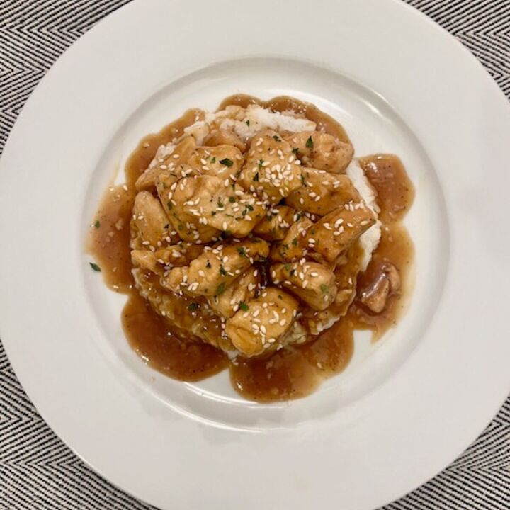 bourbon chicken recipe better than take out bourbon chicken, Overhead image of Bourbon Chicken recipe on a white plate with rice