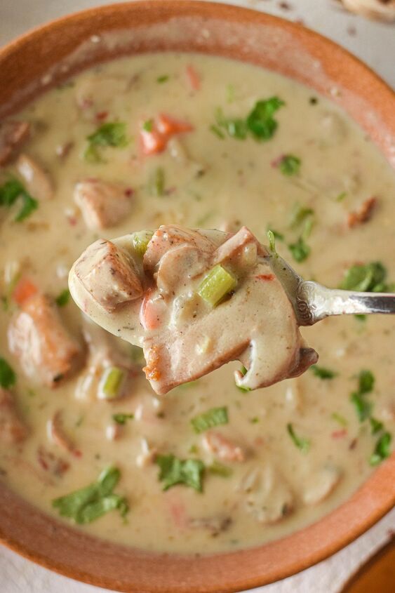 creamy chicken and mushroom soup, Soup with mushroom on a spoon
