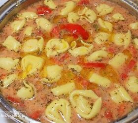 sausage tortellini soup, pot of tortellini soup with tomatoes