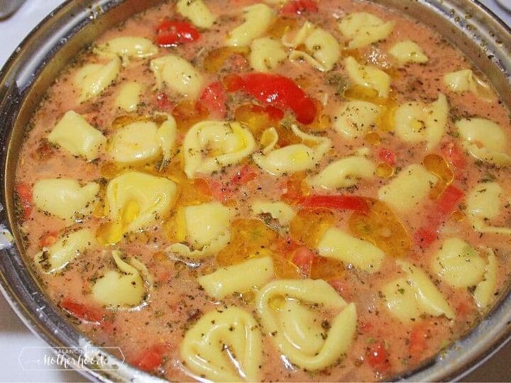 sausage tortellini soup, pot of tortellini soup with tomatoes