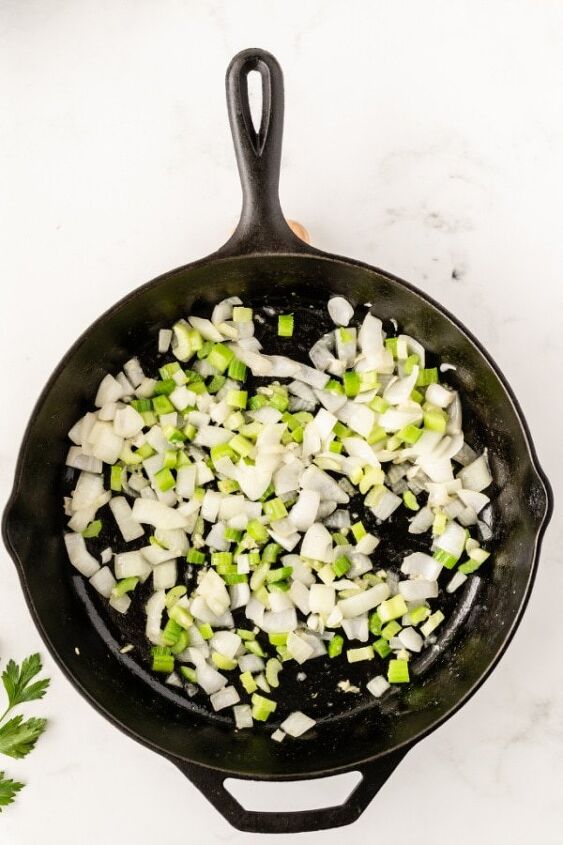 tuna casserole, Onions celery and garlic in skillet