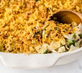 tuna casserole, Serving tuna casserole with wooden spoon